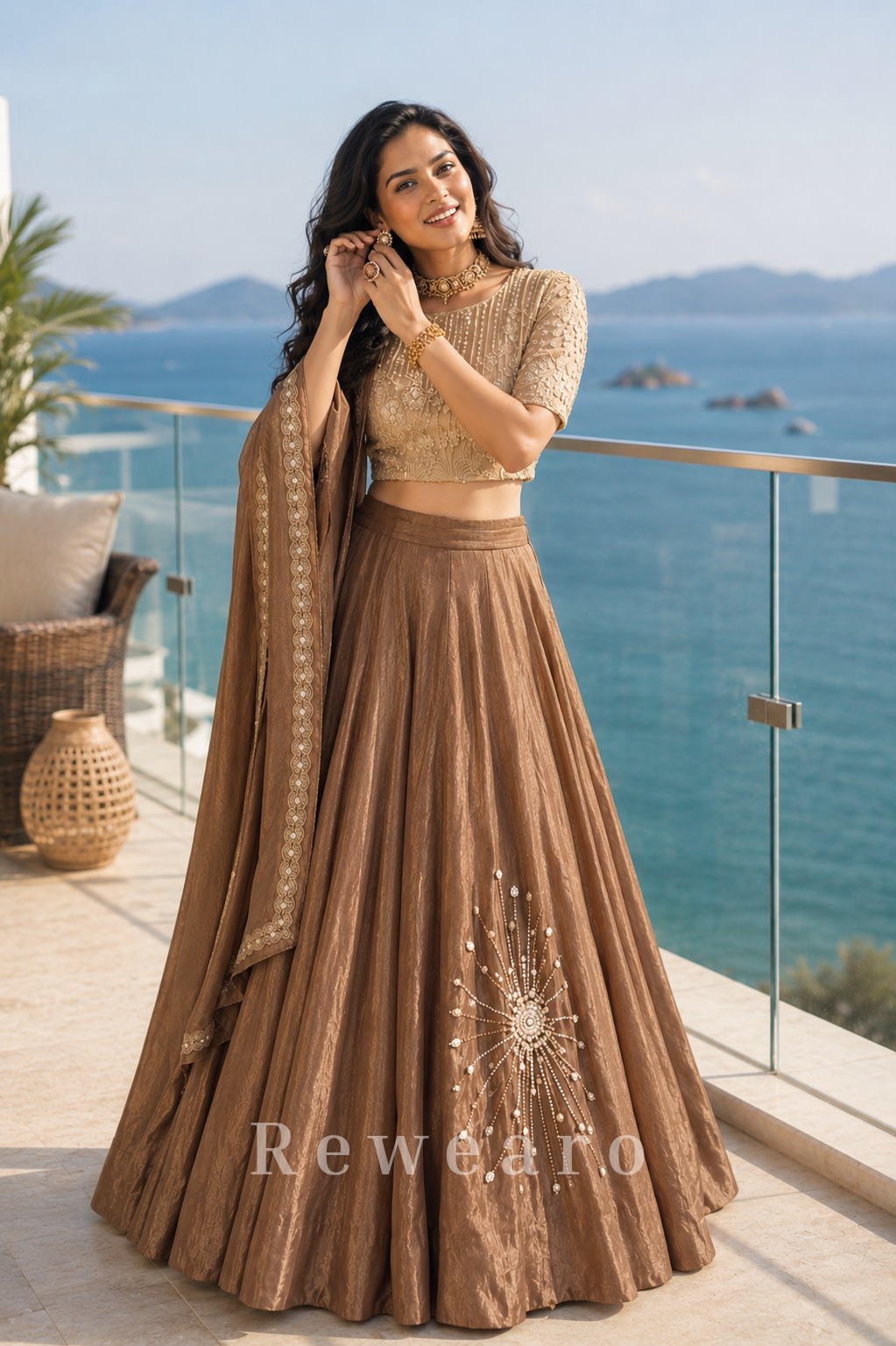 Mocha Embroidered Lehenga Set with Pearl Detailed Blouse