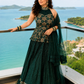 Emerald Embroidered Halter Neck Lehenga Gown with Net Dupatta