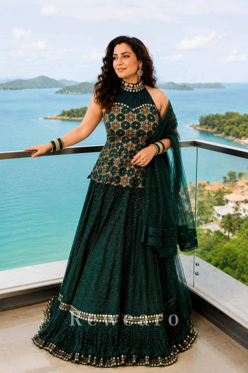 Emerald Embroidered Halter Neck Lehenga Gown with Net Dupatta
