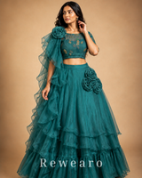 Teal Ruffled Floral Lehenga with Embellished Blouse & Sheer Draped Dupatta