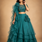 Teal Ruffled Floral Lehenga with Embellished Blouse & Sheer Draped Dupatta