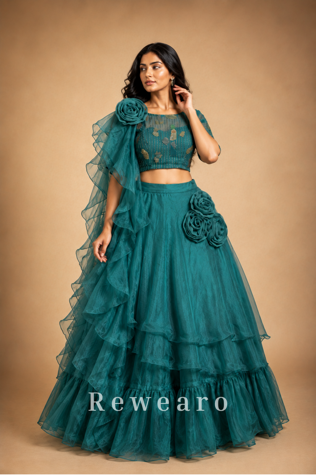 Teal Ruffled Floral Lehenga with Embellished Blouse & Sheer Draped Dupatta