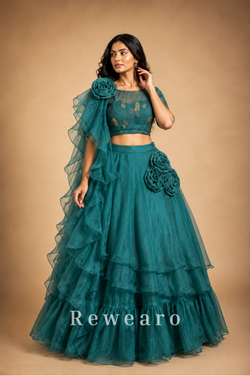 Teal Ruffled Floral Lehenga with Embellished Blouse & Sheer Draped Dupatta - View 3