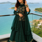 Emerald Embroidered Halter Neck Lehenga Gown with Net Dupatta