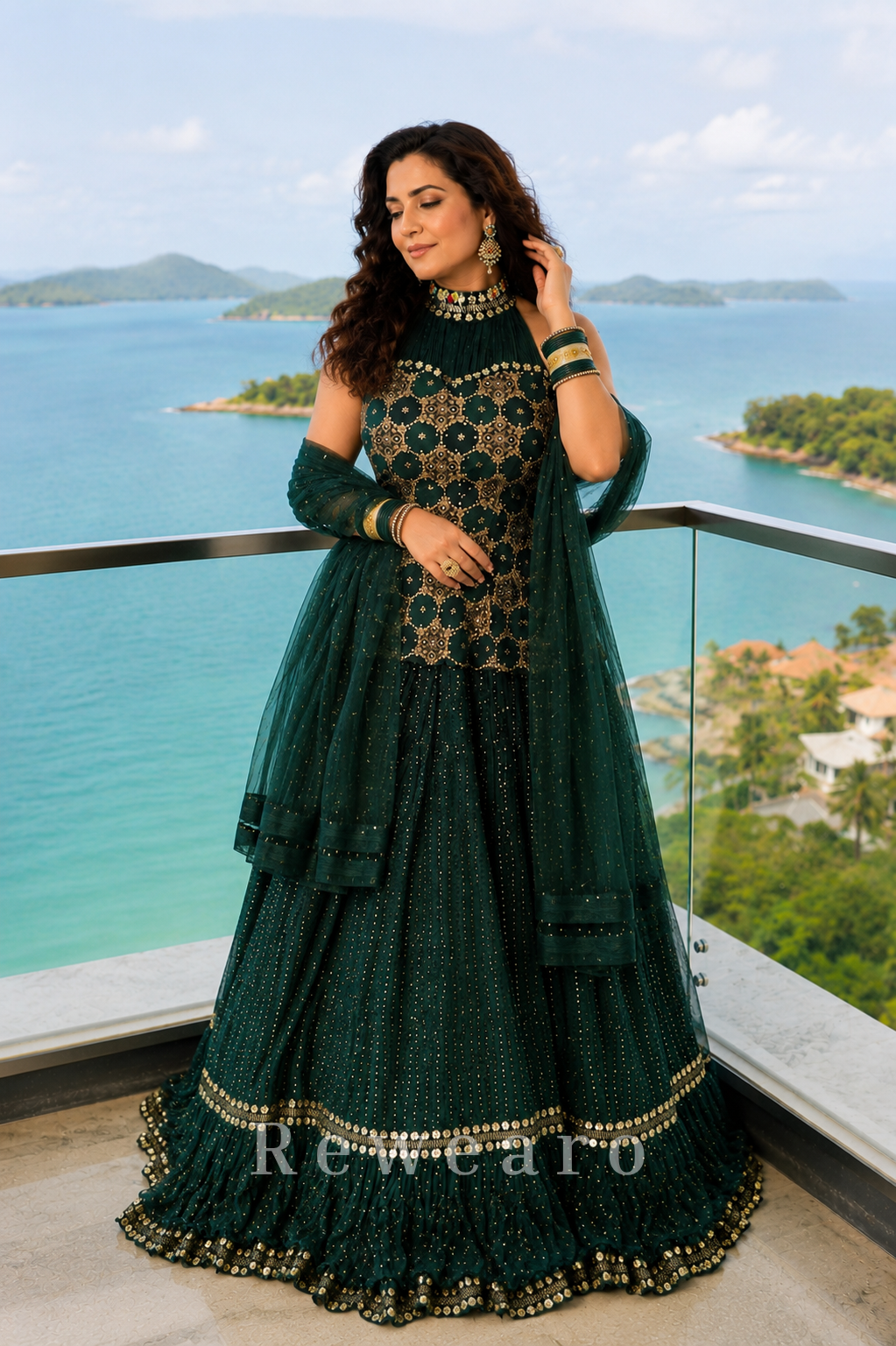 Emerald Embroidered Halter Neck Lehenga Gown with Net Dupatta