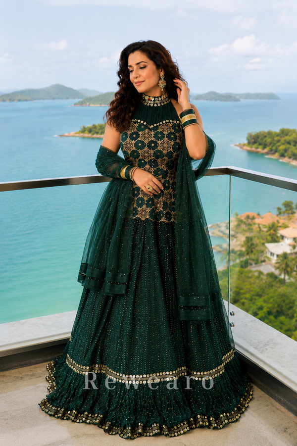 Emerald Embroidered Halter Neck Lehenga Gown with Net Dupatta