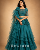 Teal Ruffled Floral Lehenga with Embellished Blouse & Sheer Draped Dupatta