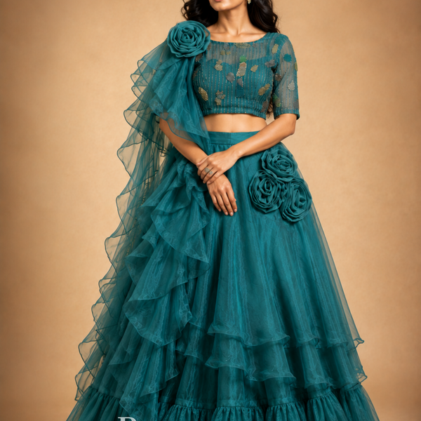 Crafted Detailing - Teal Ruffled Floral Lehenga with Embellished Blouse & Sheer Draped Dupatta