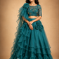 Teal Ruffled Floral Lehenga with Embellished Blouse & Sheer Draped Dupatta