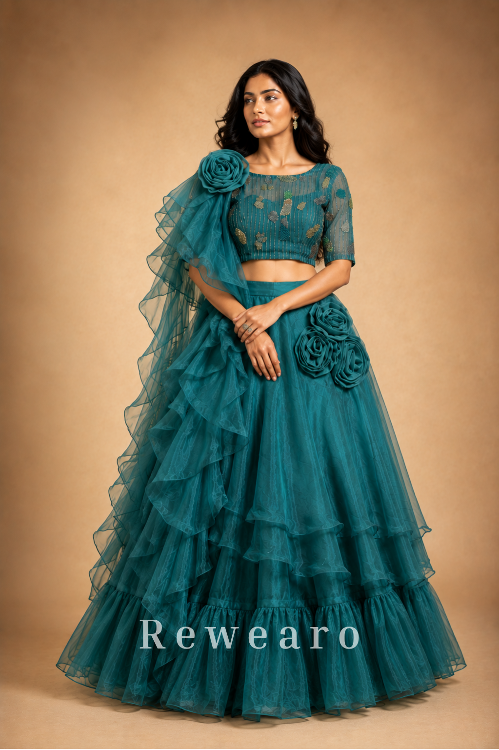 Teal Ruffled Floral Lehenga with Embellished Blouse & Sheer Draped Dupatta