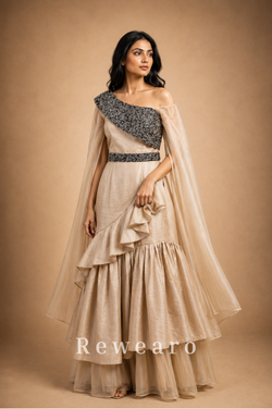 Ivory Ruffled Sharara Set with Black Embroidered One-Shoulder Bodice & Sheer Cape Dupatta