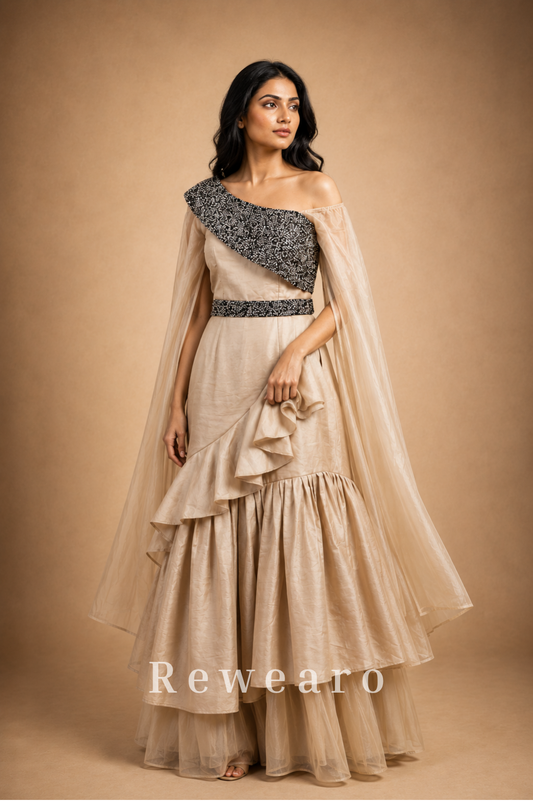 Ivory Ruffled Sharara Set with Black Embroidered One-Shoulder Bodice & Sheer Cape Dupatta