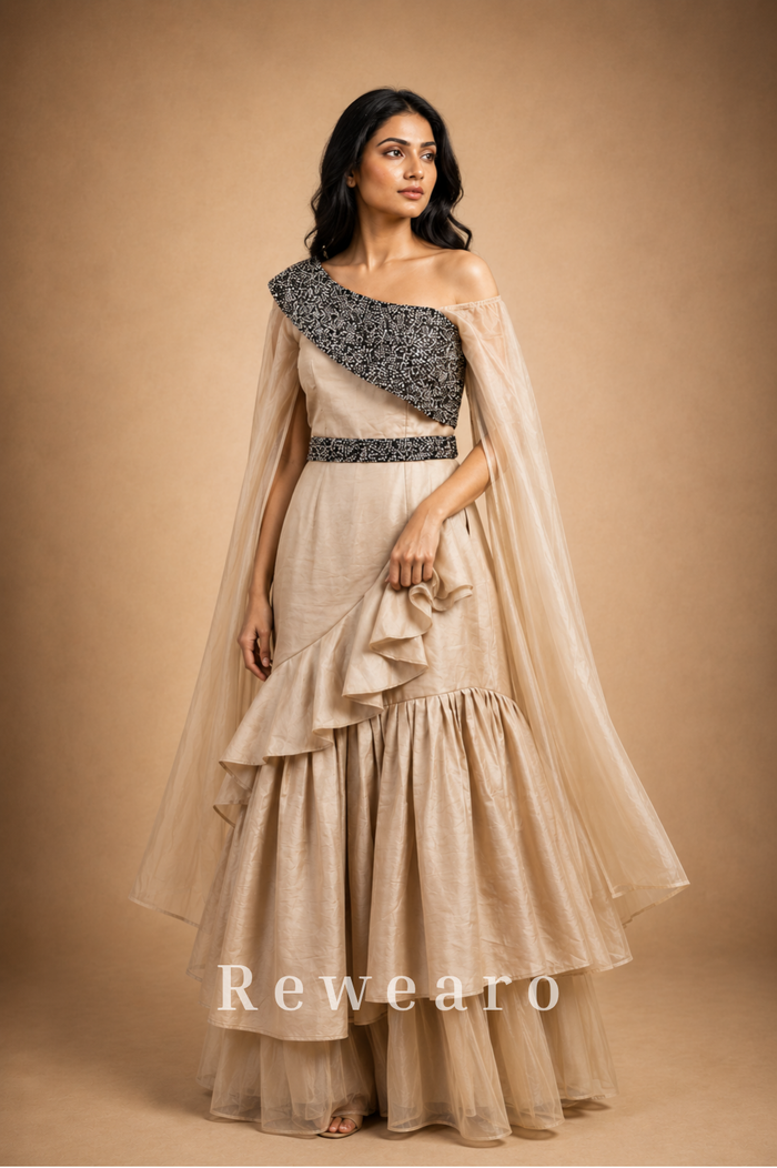 Ivory Ruffled Sharara Set with Black Embroidered One-Shoulder Bodice & Sheer Cape Dupatta