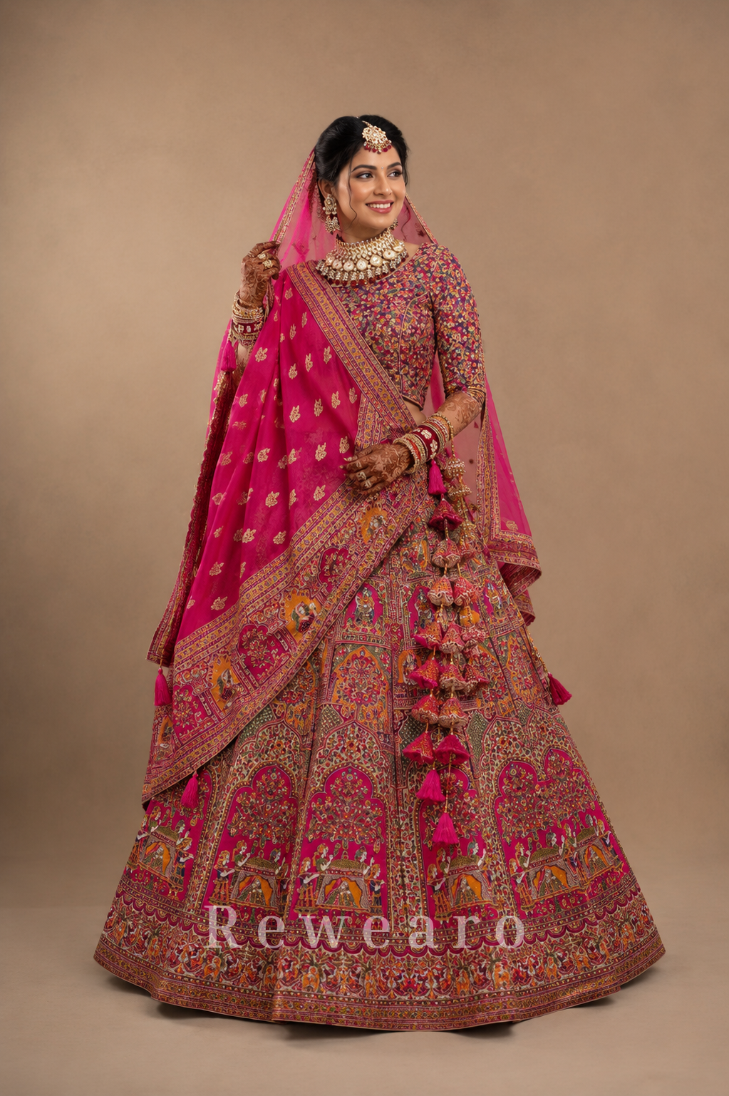 Royal Rani Pink Heritage Bridal Lehenga Set with Intricate Palace Motif Embroidery