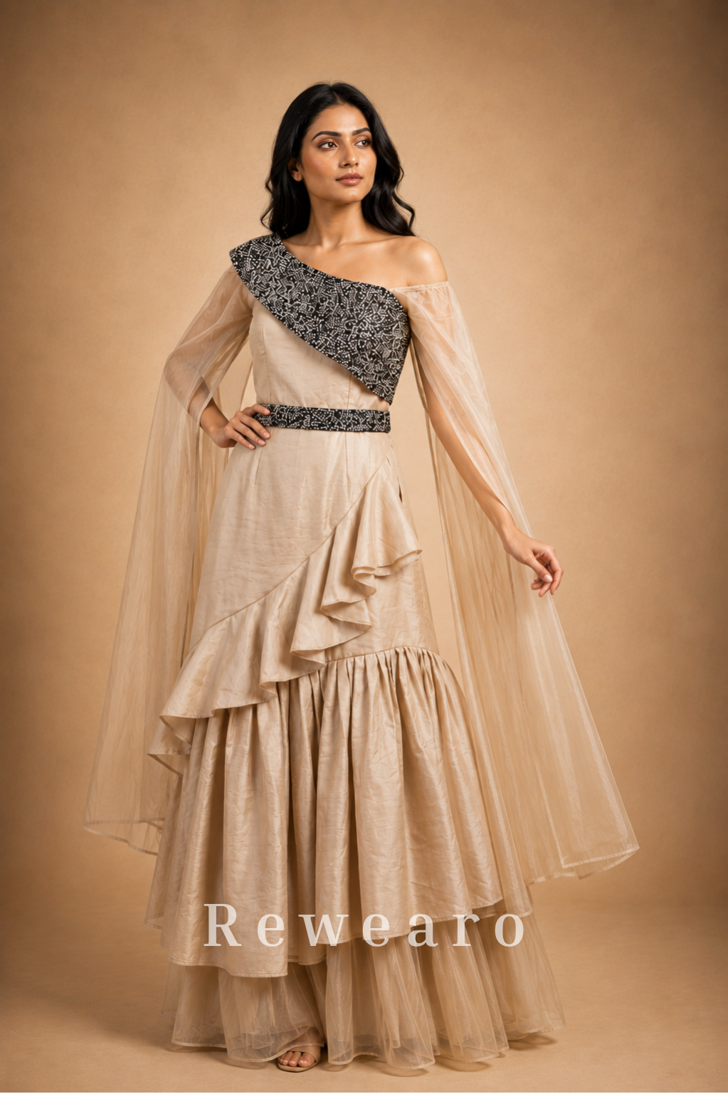 Ivory Ruffled Sharara Set with Black Embroidered One-Shoulder Bodice & Sheer Cape Dupatta