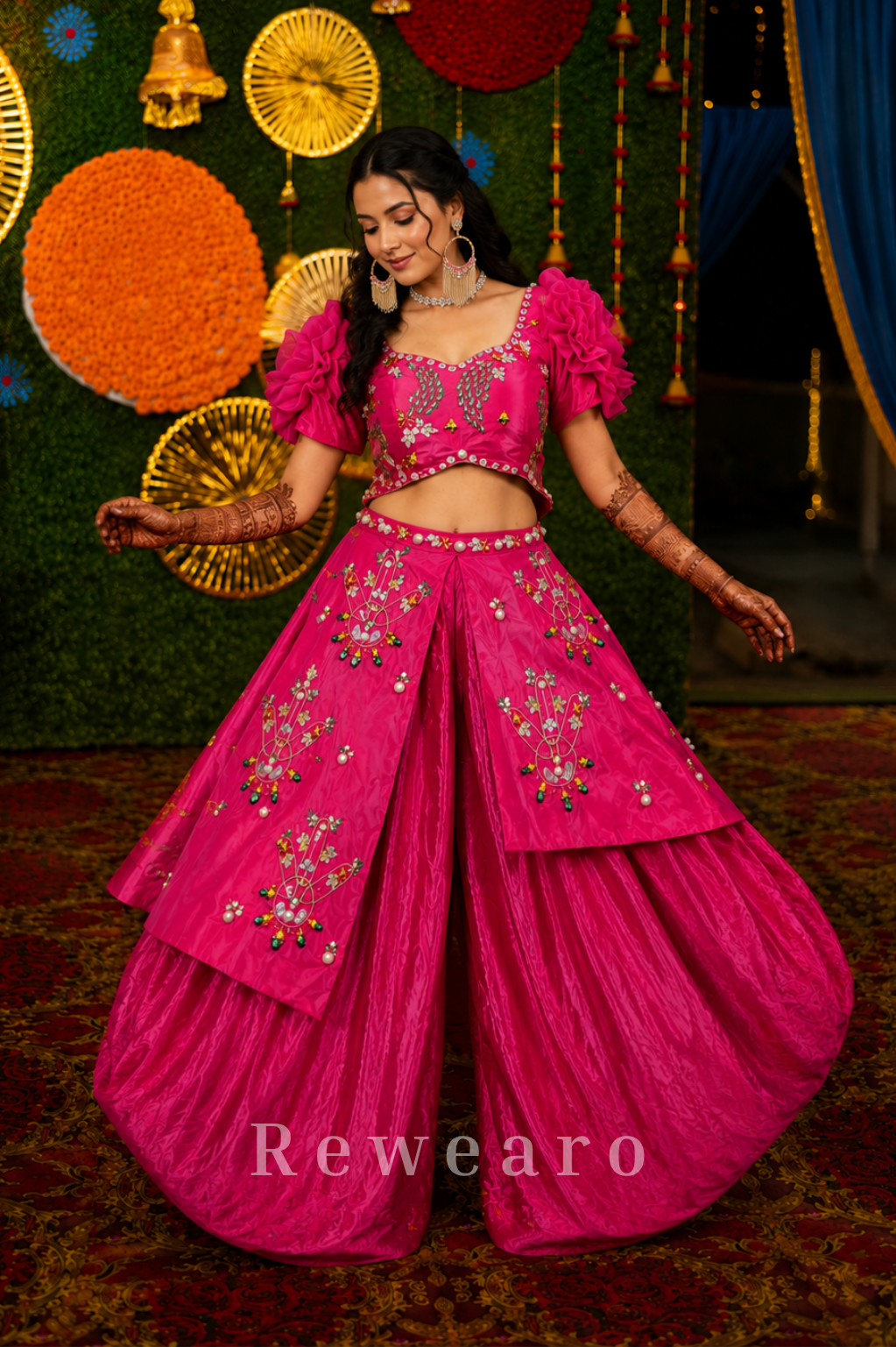 Fuchsia Embroidered Draped Dhoti Set with Floral Sleeves