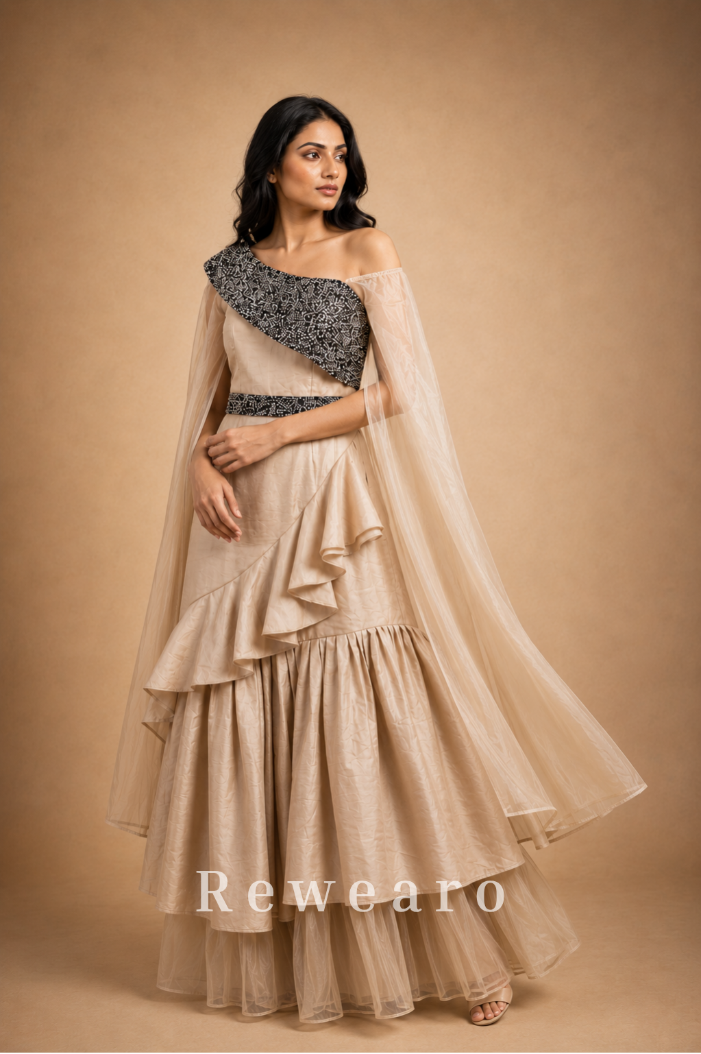 Ivory Ruffled Sharara Set with Black Embroidered One-Shoulder Bodice & Sheer Cape Dupatta