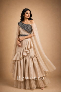 Ivory Ruffled Sharara Set with Black Embroidered One-Shoulder Bodice & Sheer Cape Dupatta - View 3
