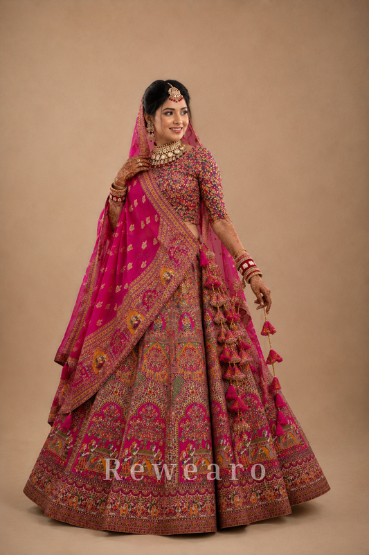 Royal Rani Pink Heritage Bridal Lehenga Set with Intricate Palace Motif Embroidery