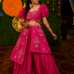 Fuchsia Embroidered Draped Dhoti Set with Floral Sleeves