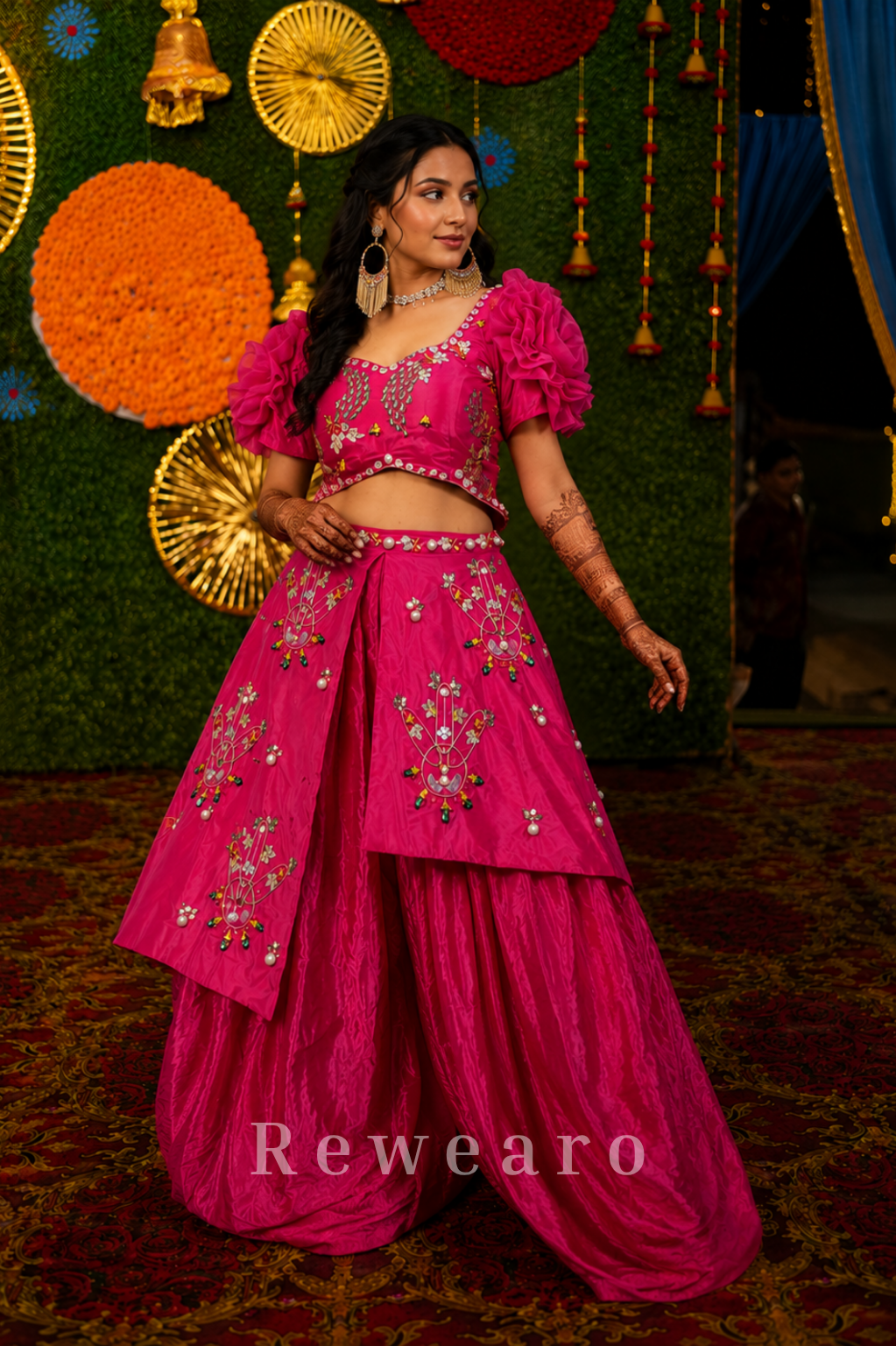 Fuchsia Embroidered Draped Dhoti Set with Floral Sleeves