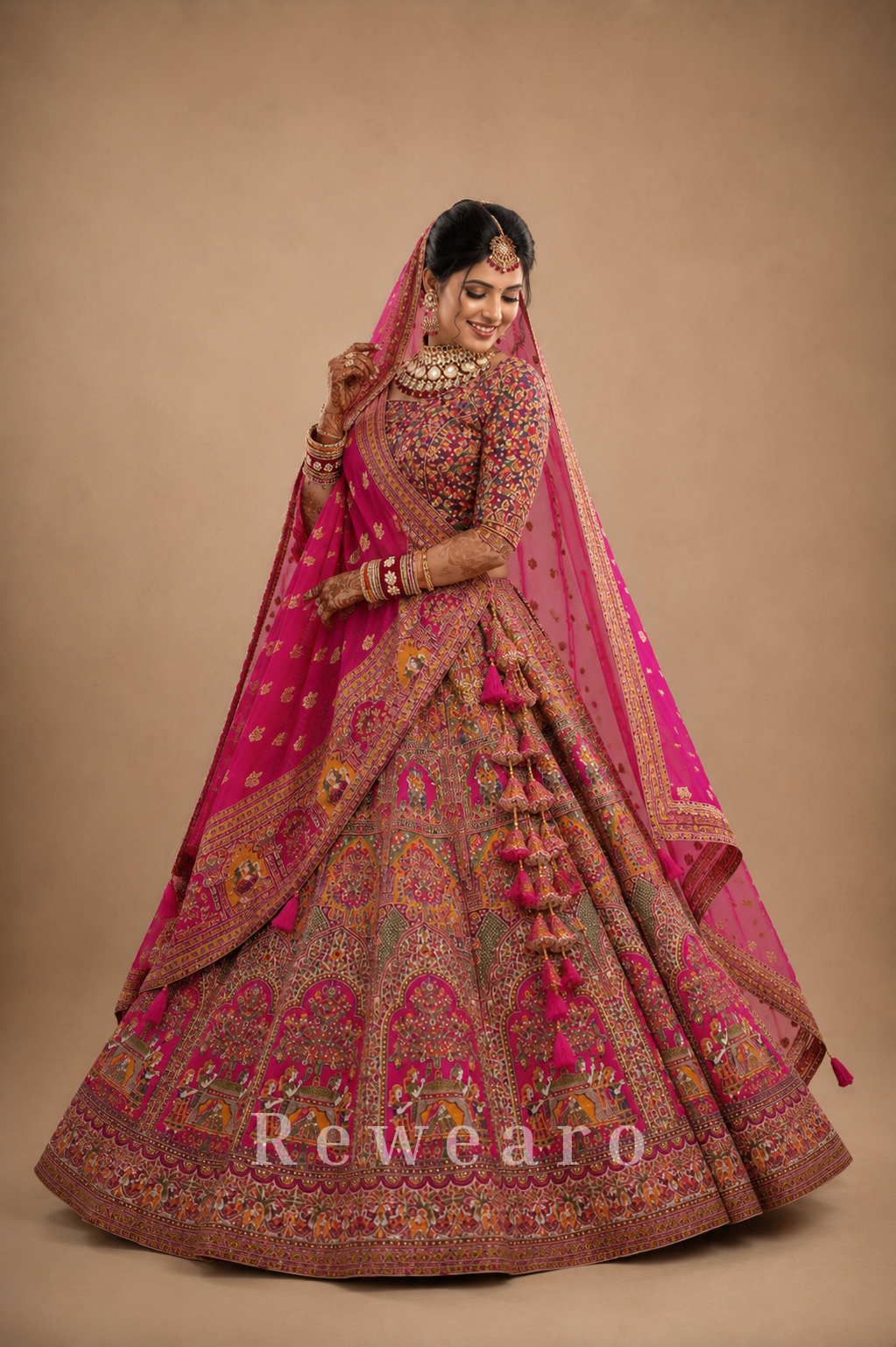 Royal Rani Pink Heritage Bridal Lehenga Set with Intricate Palace Motif Embroidery