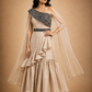 Ivory Ruffled Sharara Set with Black Embroidered One-Shoulder Bodice & Sheer Cape Dupatta