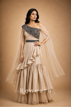 Ivory Ruffled Sharara Set with Black Embroidered One-Shoulder Bodice & Sheer Cape Dupatta - View 4