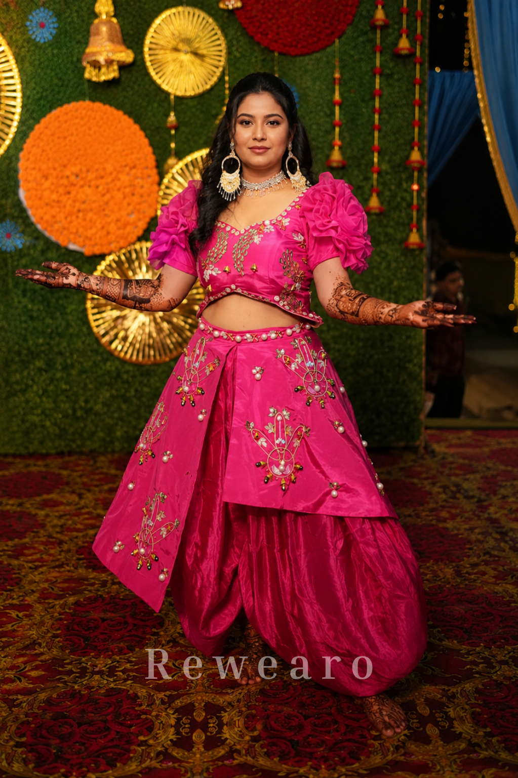 Fuchsia Embroidered Draped Dhoti Set with Floral Sleeves