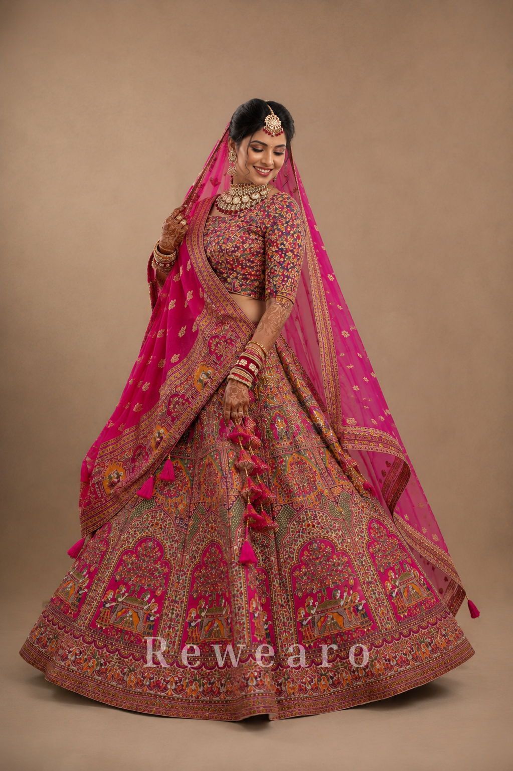 Royal Rani Pink Heritage Bridal Lehenga Set with Intricate Palace Motif Embroidery