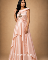 Blush Satin Draped Gown with Floral Embroidery & Sculpted Waist Belt