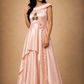 Blush Satin Draped Gown with Floral Embroidery & Sculpted Waist Belt