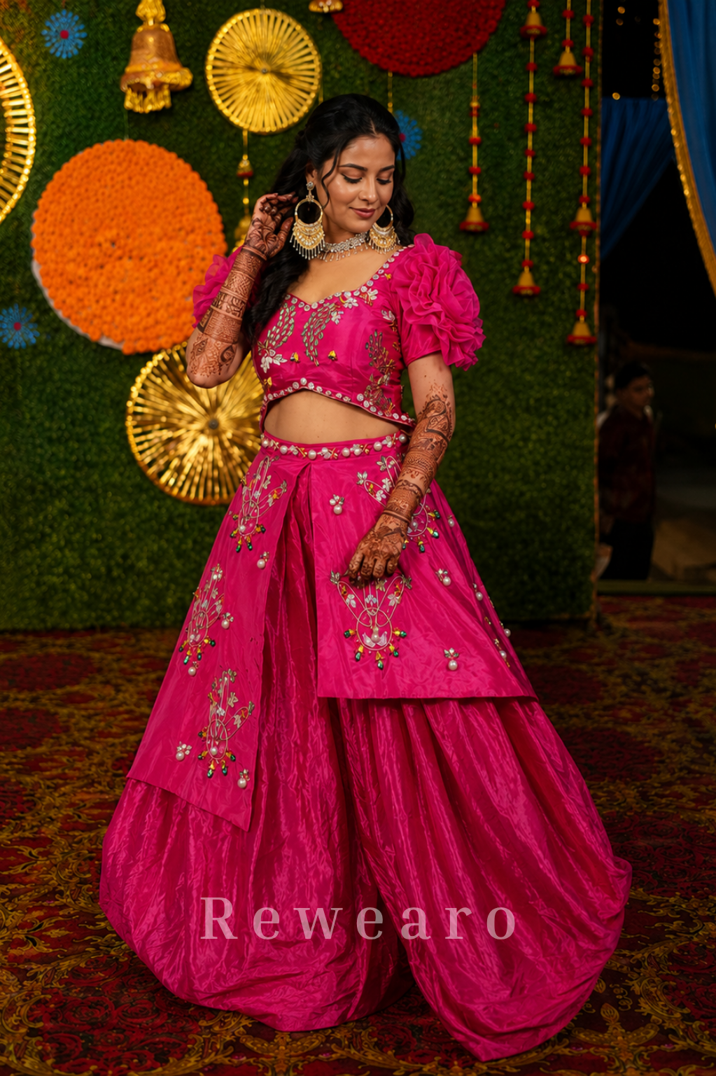 Fuchsia Embroidered Draped Dhoti Set with Floral Sleeves