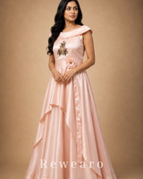 Blush Satin Draped Gown with Floral Embroidery & Sculpted Waist Belt