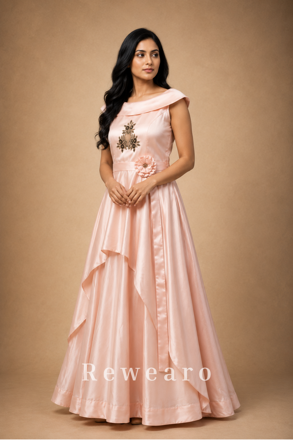 Blush Satin Draped Gown with Floral Embroidery & Sculpted Waist Belt