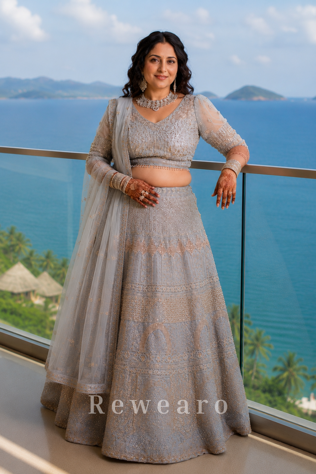 Ice Blue Heavily Embroidered Bridal Lehenga with Net Dupatta