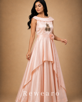 Blush Satin Draped Gown with Floral Embroidery & Sculpted Waist Belt