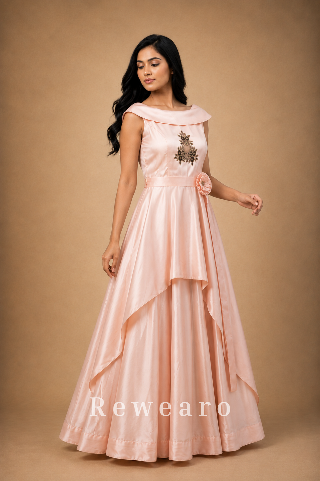 Blush Satin Draped Gown with Floral Embroidery & Sculpted Waist Belt
