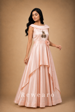 Blush Satin Draped Gown with Floral Embroidery & Sculpted Waist Belt - View 3