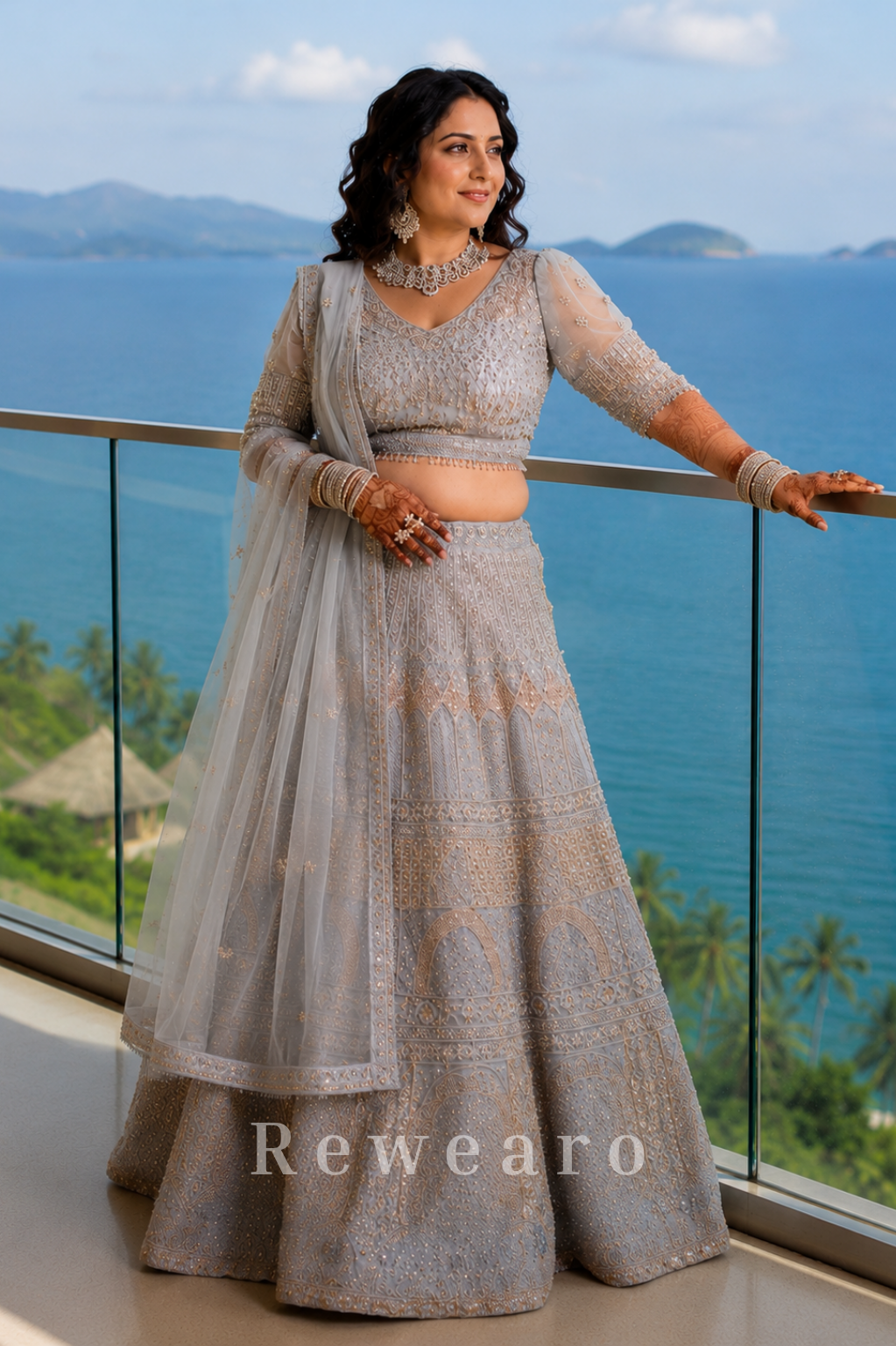 Ice Blue Heavily Embroidered Bridal Lehenga with Net Dupatta