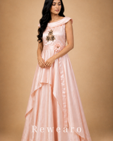 Blush Satin Draped Gown with Floral Embroidery & Sculpted Waist Belt