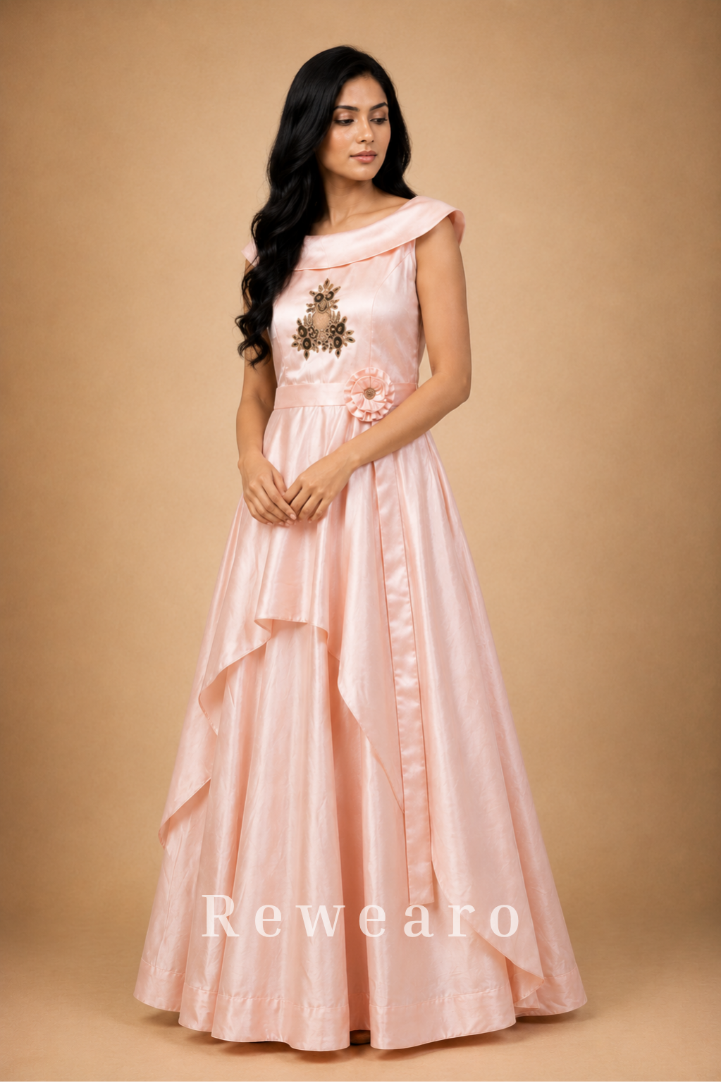 Blush Satin Draped Gown with Floral Embroidery & Sculpted Waist Belt