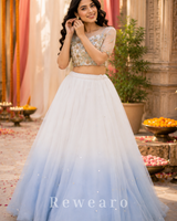 Ivory Frost Ombre Tulle Lehenga Set with Hand-Embroidered Sheer Blouse and Sequined Skirt