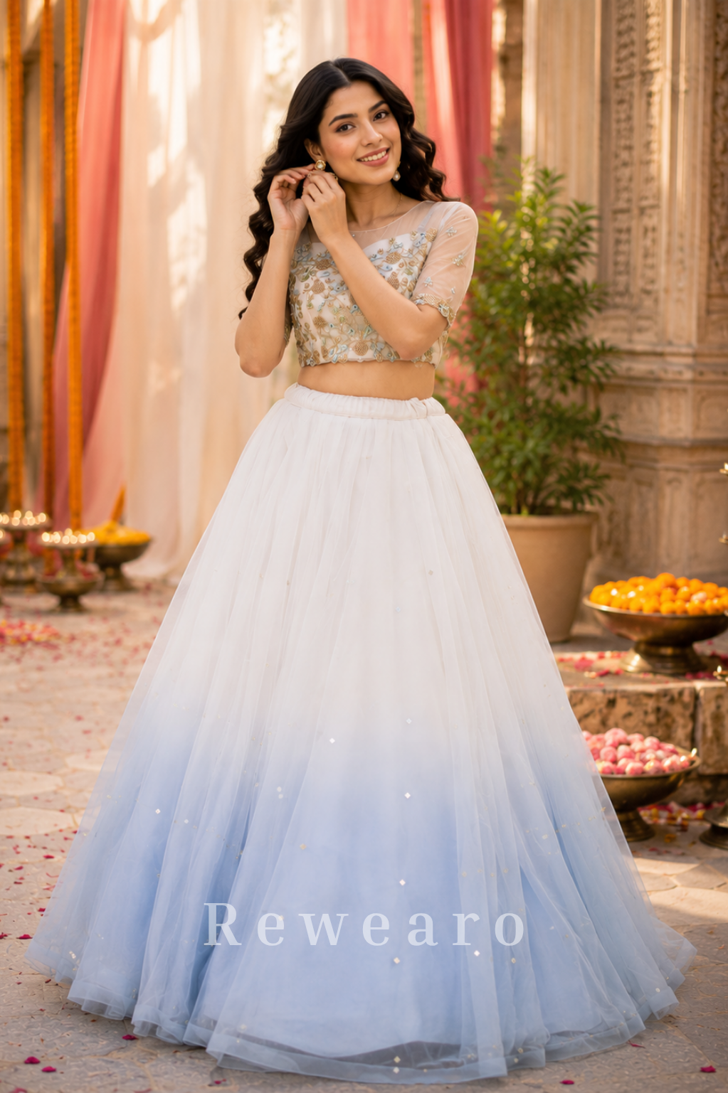 Ivory Frost Ombre Tulle Lehenga Set with Hand-Embroidered Sheer Blouse and Sequined Skirt