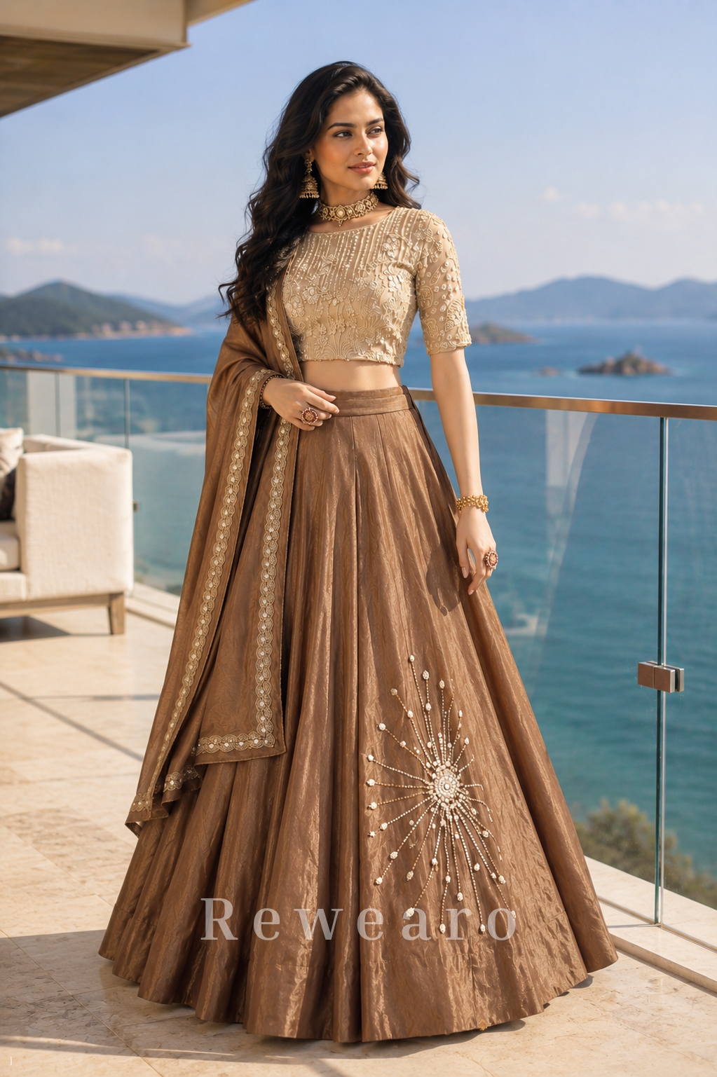 Mocha Embroidered Lehenga Set with Pearl Detailed Blouse