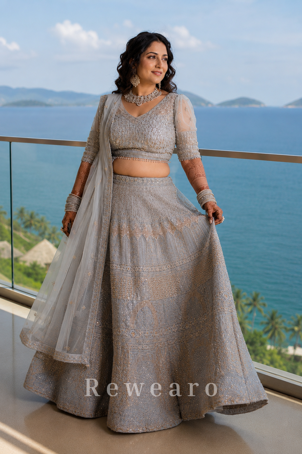 Ice Blue Heavily Embroidered Bridal Lehenga with Net Dupatta