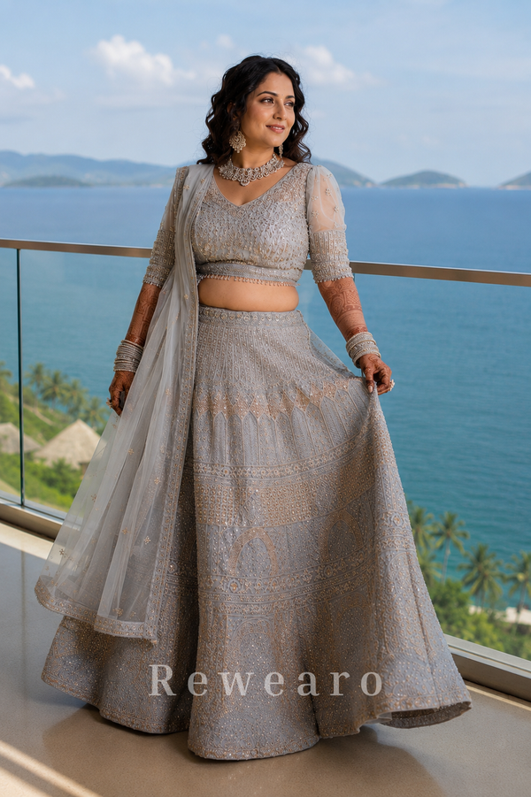 Ice Blue Heavily Embroidered Bridal Lehenga with Net Dupatta - View 4