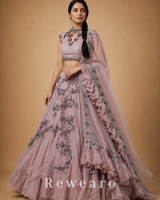 Dusty Pink Embroidered Lehenga with Silver Floral Work & Ruffled Sheer Dupatta