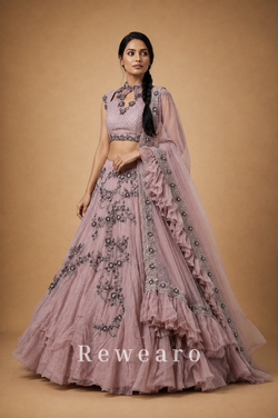 Dusty Pink Embroidered Lehenga with Silver Floral Work & Ruffled Sheer Dupatta