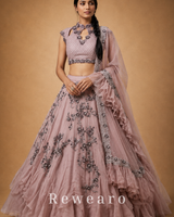 Dusty Pink Embroidered Lehenga with Silver Floral Work & Ruffled Sheer Dupatta